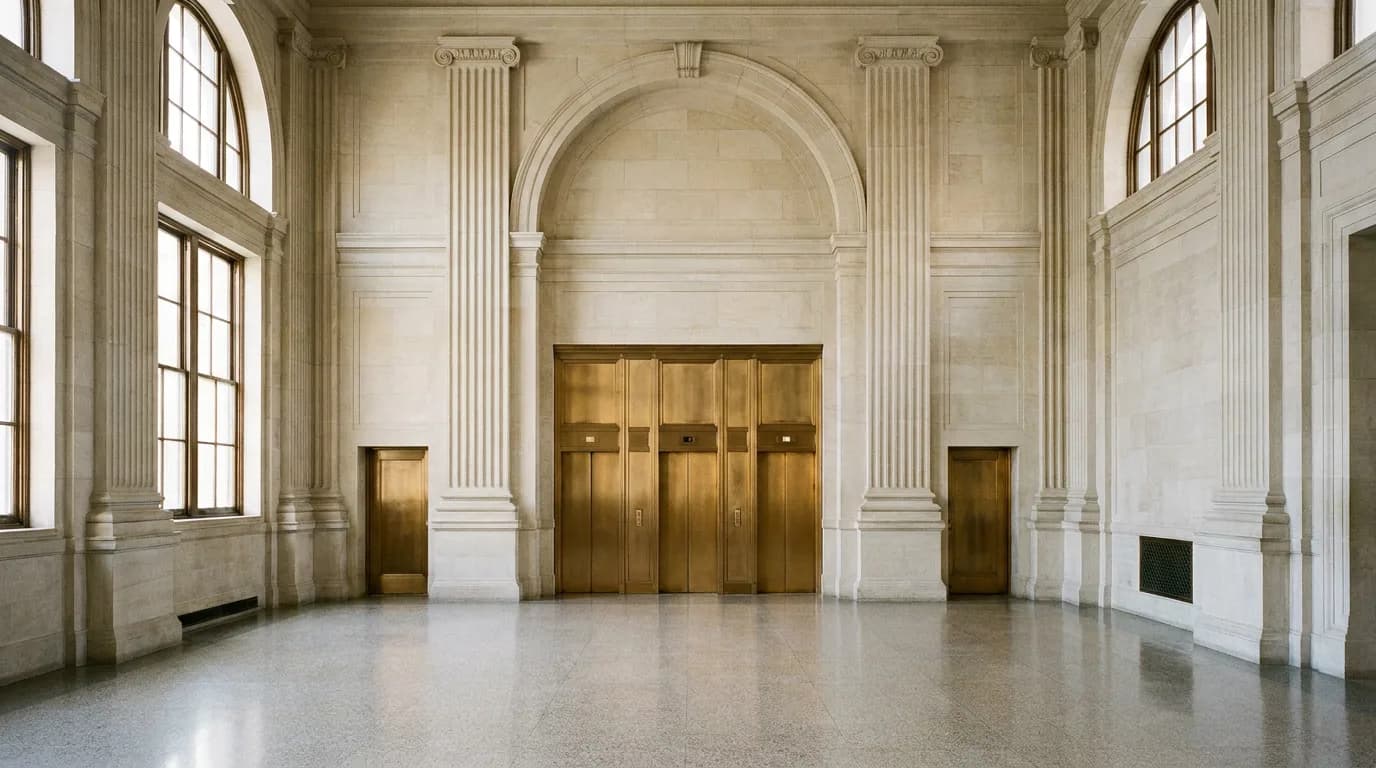 A limestone civic hall with a bank of bronze elevator doors set beneath a stone arch.