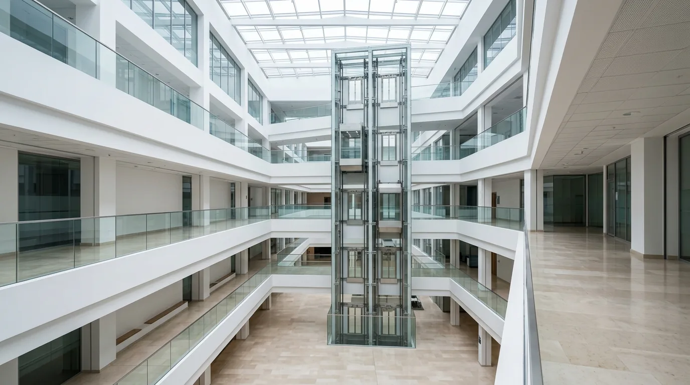 A bright multi-storey hospital atrium, a glass elevator bank rising through the space beneath a skylight.