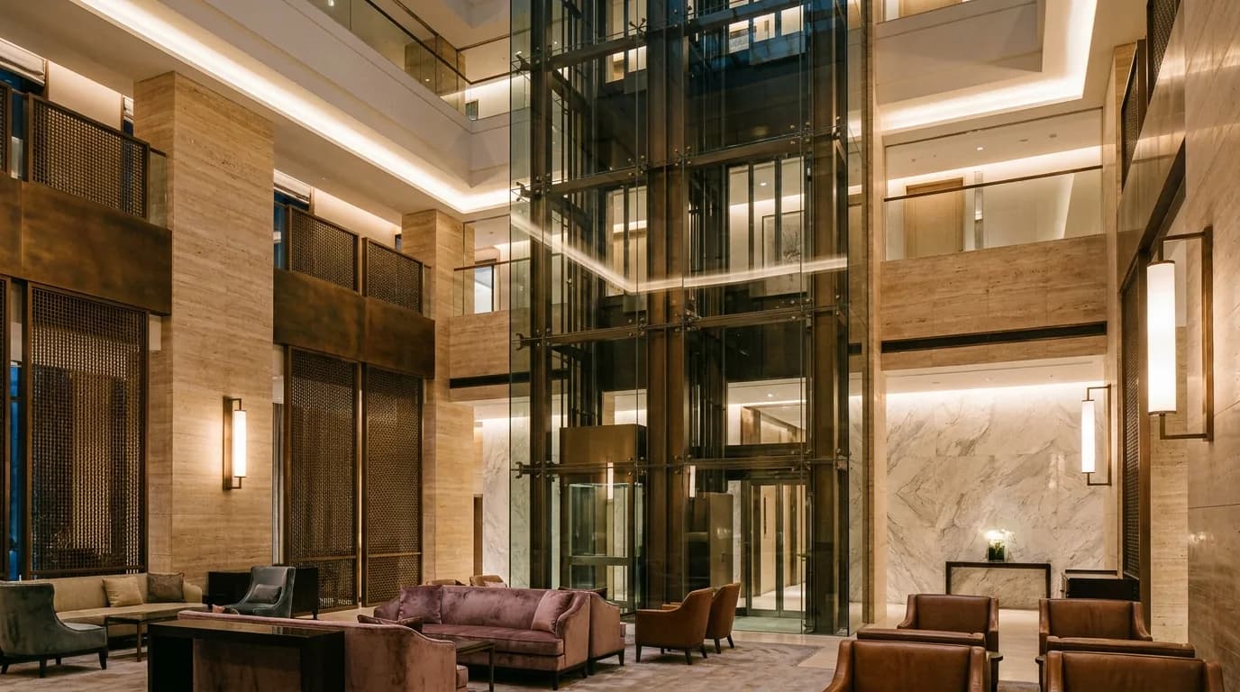 A hotel lobby in travertine and bronze, a glass elevator bank rising the full height of the space.