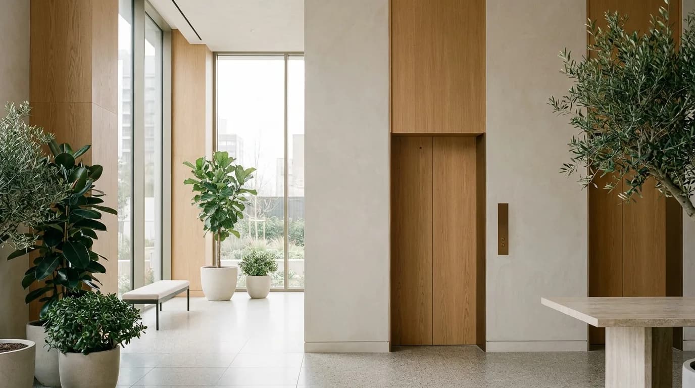 A residential high-rise lobby in timber and pale plaster, a single elevator door and call panel beside a window.