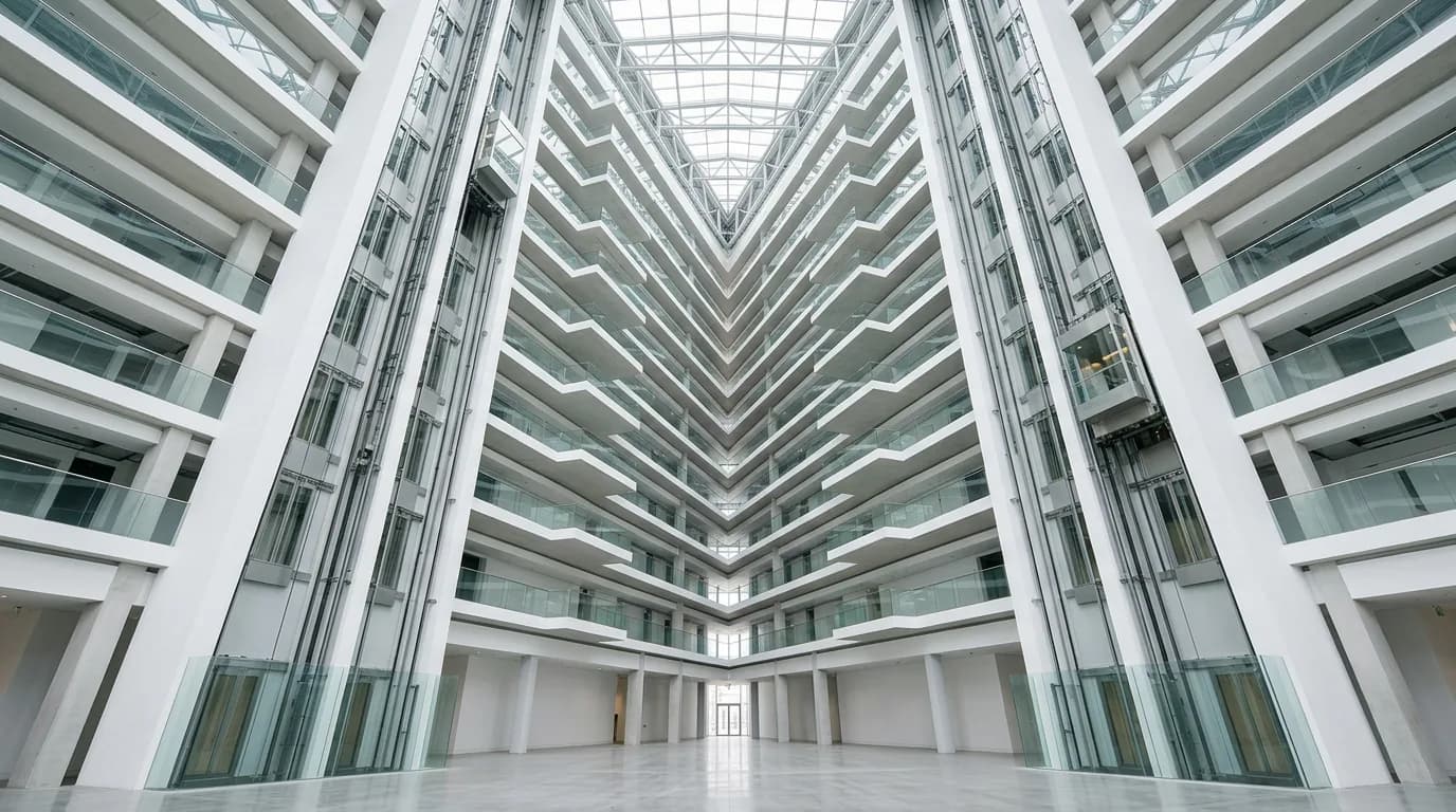 The interior atrium of a high-rise office building, glass elevator shafts running vertically past stacked floor plates.