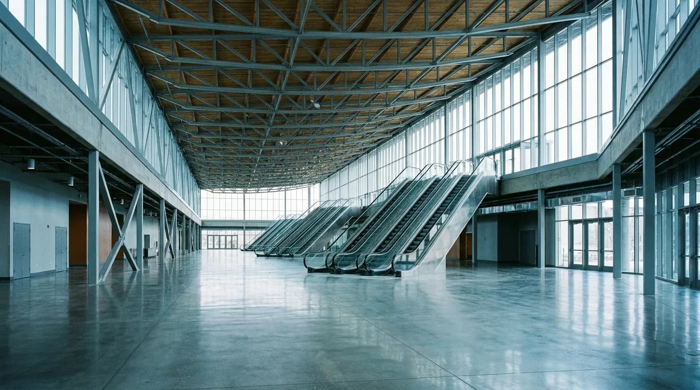 A convention centre concourse under an exposed timber roof, a bank of four escalators rising from polished concrete.